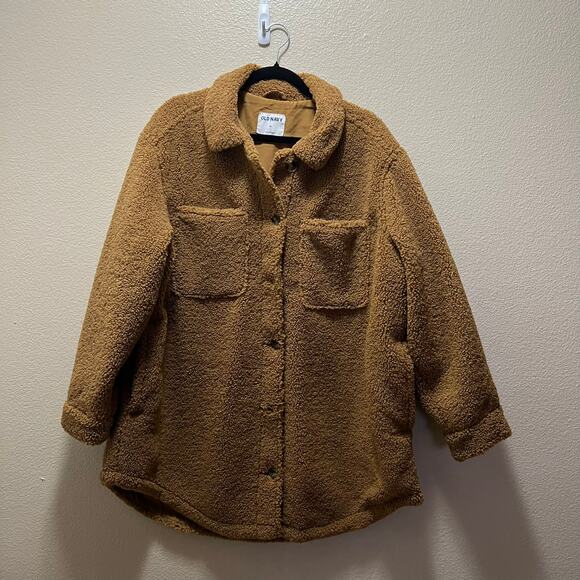 Old Navy Cozy Sherpa Jacket Sycamore Bark Size XL Teddy Shacket Sweater Camel - Picture 4 of 9